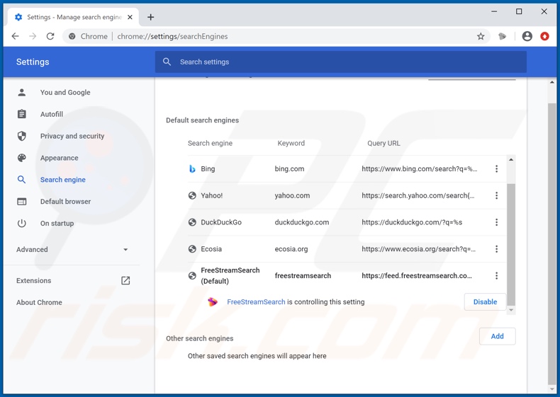 Removendo freestreamsearch.com do mecanismo de pesquisa padrão do Google Chrome