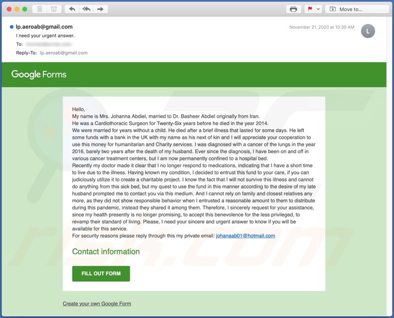 Campanha de spam por e-mail da fraude por e-mail Google Forms