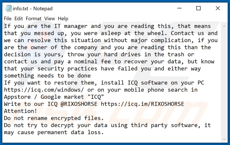 Ficheiro de texto do ransomware HOTEL (info.txt)