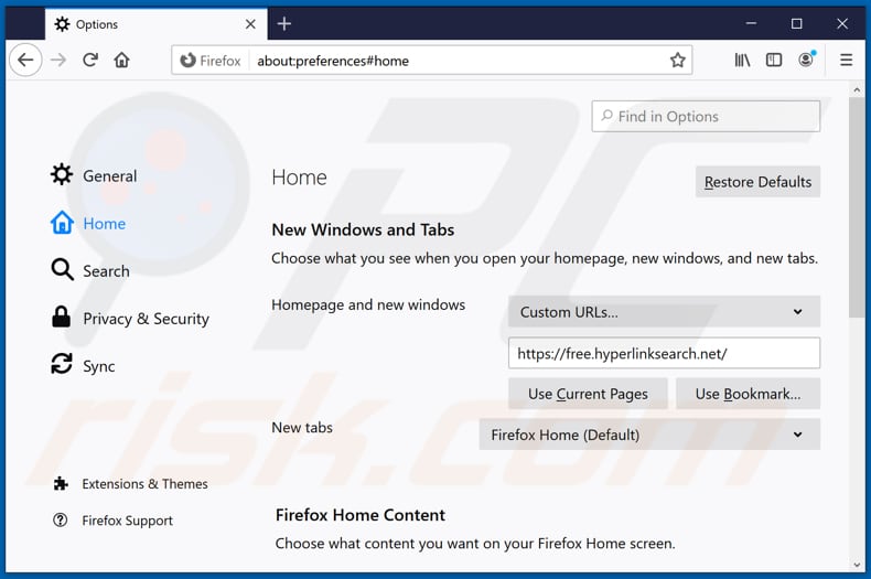 Removendo free.hyperlinksearch.net da página inicial do Mozilla Firefox