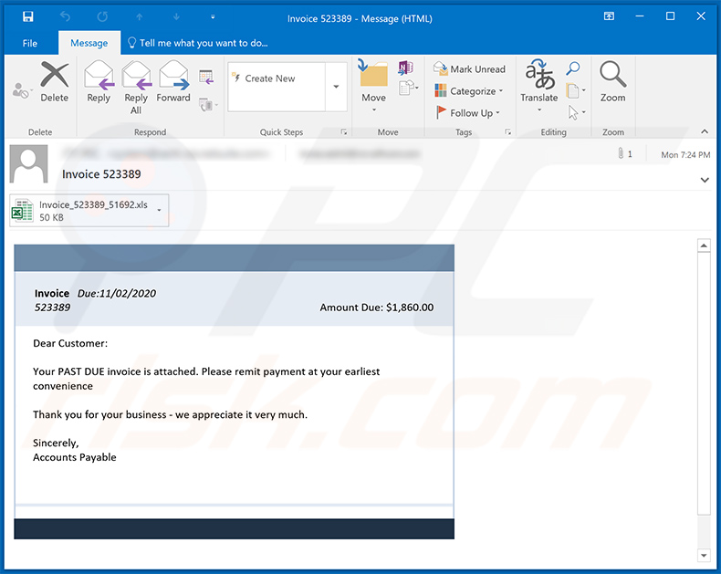 Email não solicitado (spam) com tema Invoice utilizado para distribuir um documento malicioso do MS Excel (2020-11-03)