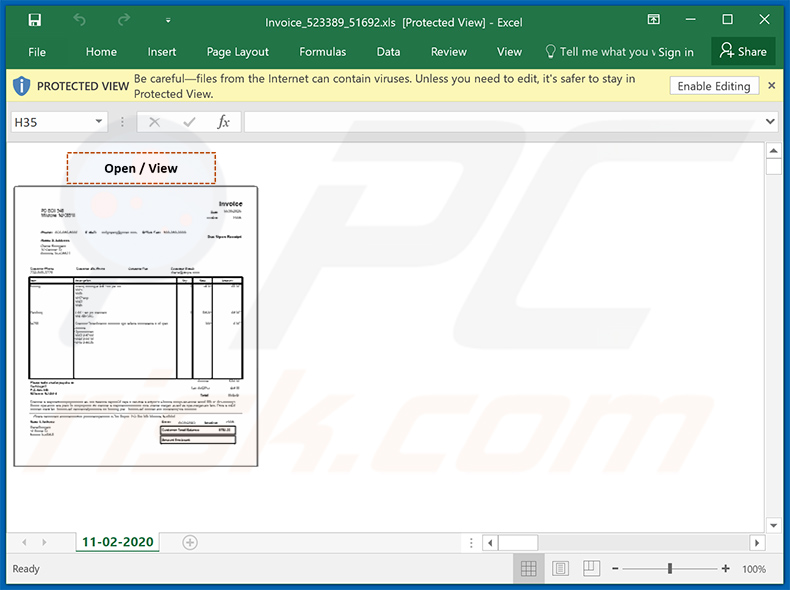 Documento malicioso do MS Excel distribuído através de mensagens de email não solicitadas (spam) com o tema Invoice