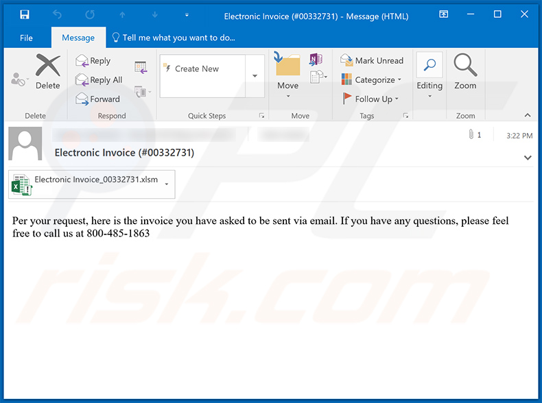 Email não solicitado (spam) com tema Invoice utilizado para distribuir um documento malicioso do MS Excel que injecta o malware Dridex no sistema