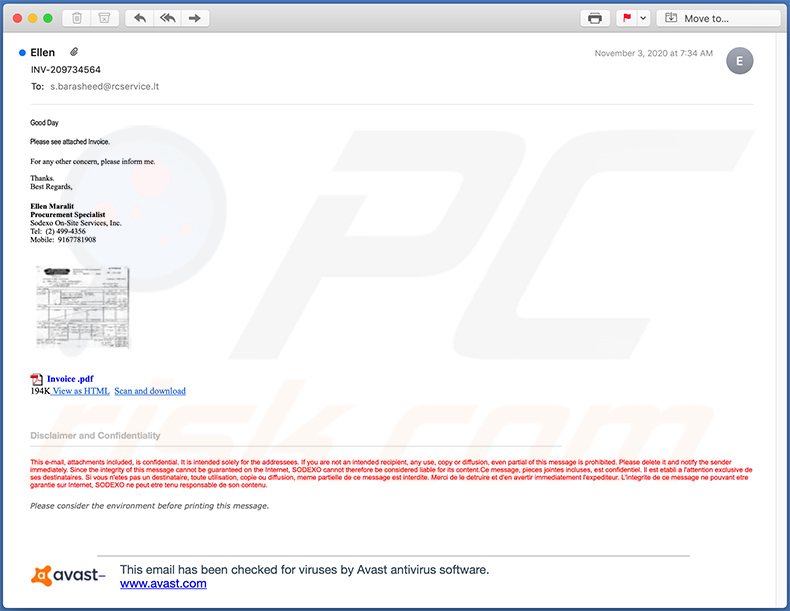 Email não solicitado (spam) com tema Invoice divulgando um ficheiro .IMG malicioso (2020-11-10)