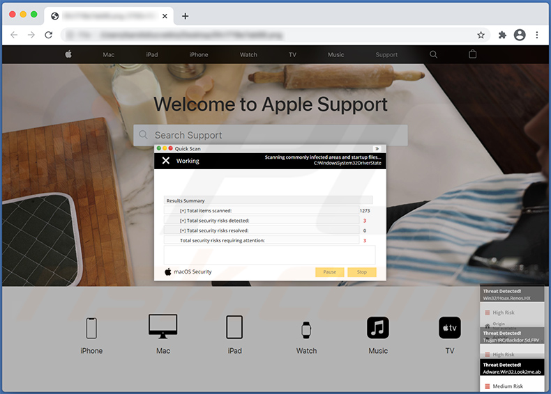 pop-up da fraude MacOS Security (2020-11-30 - página de fundo)