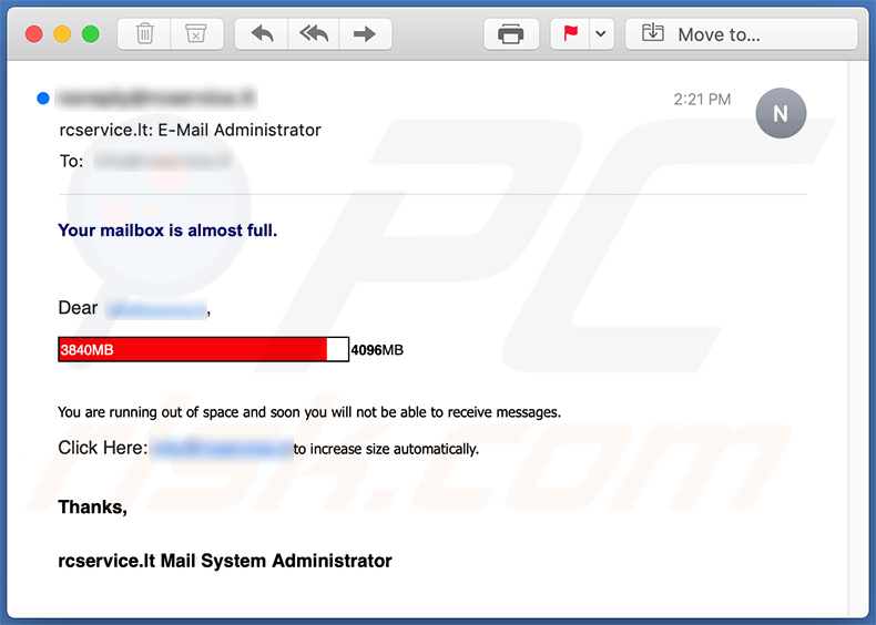 E-mail de phishing com tema de Mail Quota (2020-11-06)