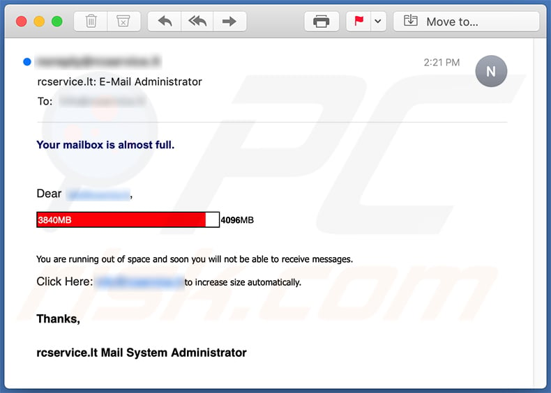 E-mail de phishing com tema de Mail Quota (2020-11-06)