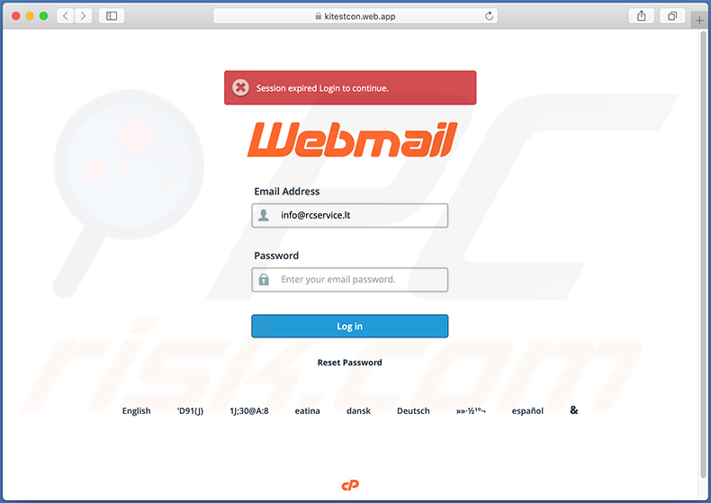 Site de login de Webmail falso promovido por e-mail de spam com o tema Mail Quota