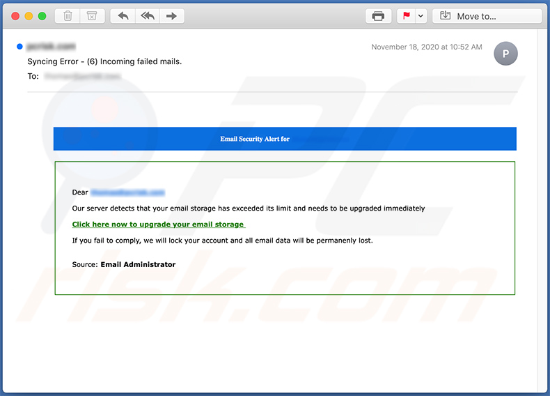 E-mail de spam com tema de Mail Quota a promover um site de phishing