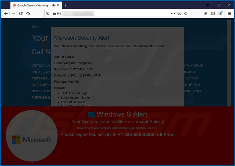 pop-up da fraude do Microsoft Security Alert (2020-11-10)