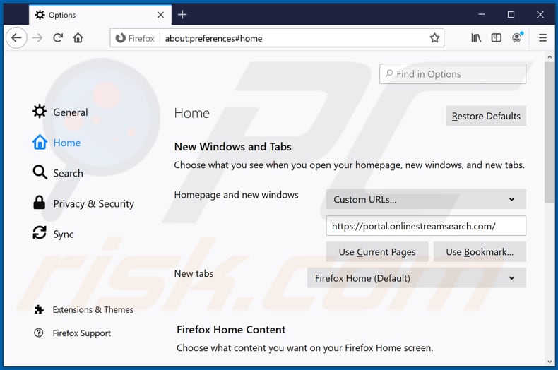 Removendo onlinestreamsearch.com da página inicial do Mozilla Firefox