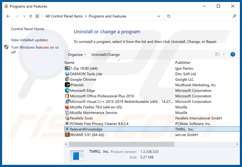 Desinstalação de adware RelevantKnowledge através do painel de controlo