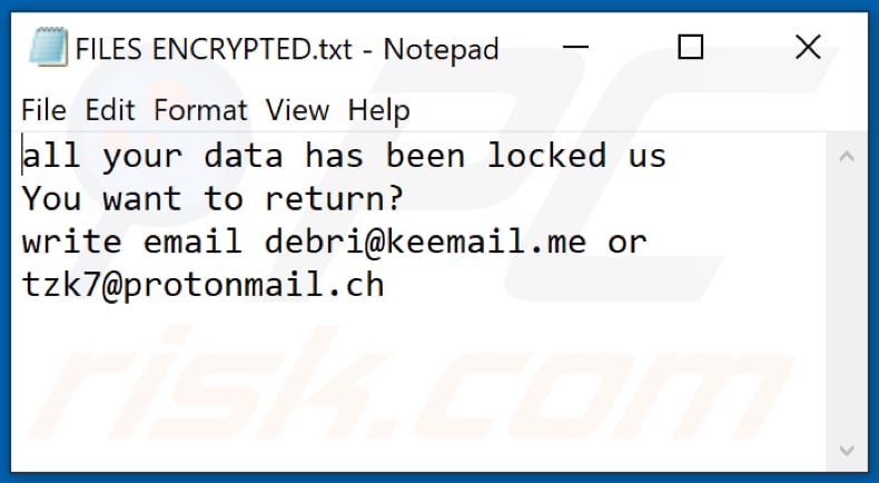 Ficheiro de texto do ransomware RXD (FILES ENCRYPTED.txt)