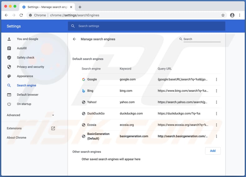 search.basicgeneration.com nas configurações do Chrome como um mecanismo de pesquisa padrão