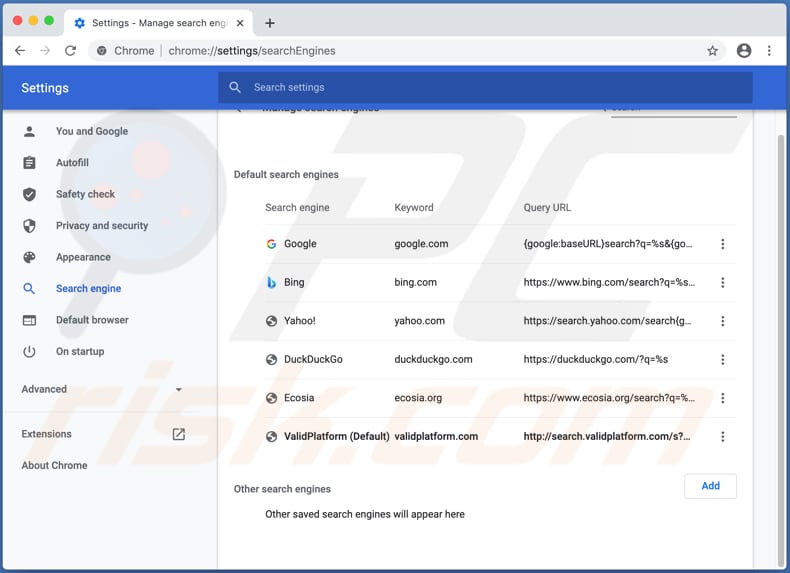 search.validplatform.com nas configurações do Chrome