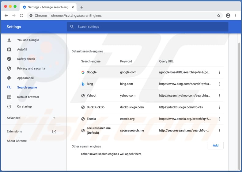 securesearch.me nas configurações do Chrome