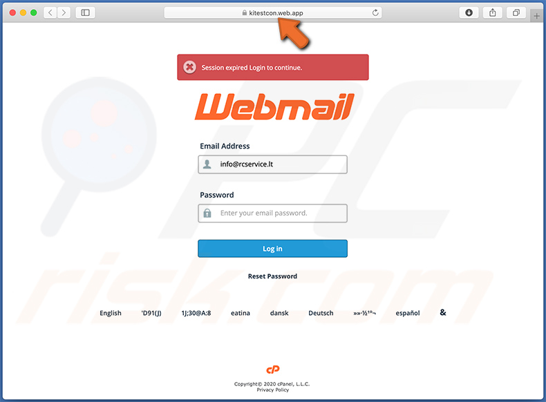 Site de login de webmail falso (kitestcon.web[.]app) promovido por e-mail de spam com tema do SharePoint