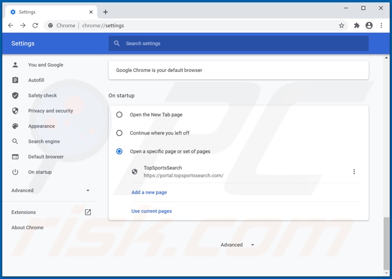 Removendo topsportssearch.com da página inicial do Google Chrome