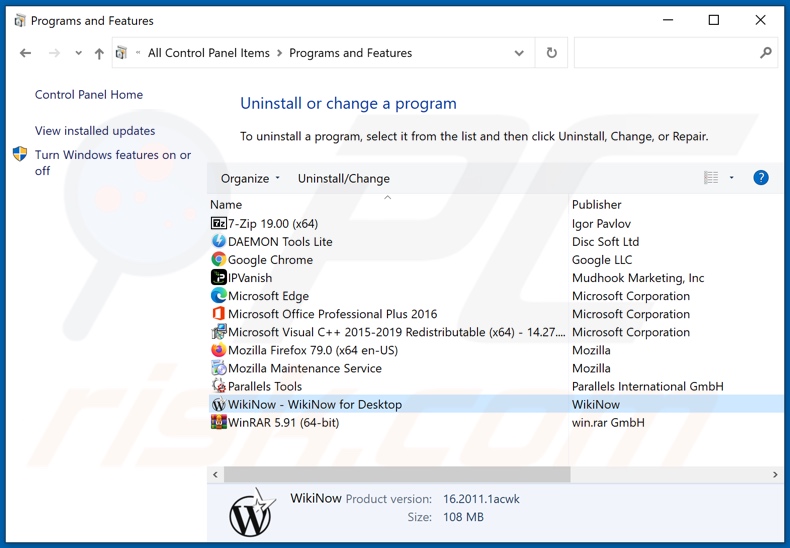 Desinstalação de adware WikiNow através do painel de controlo