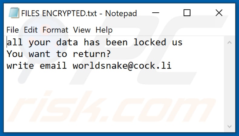 Ficheiro de texto do ransomware World (FILES ENCRYPTED.txt)