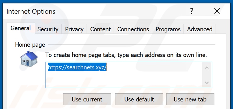 Remoção do searchnets.xyz da página inicial do Internet Explorer