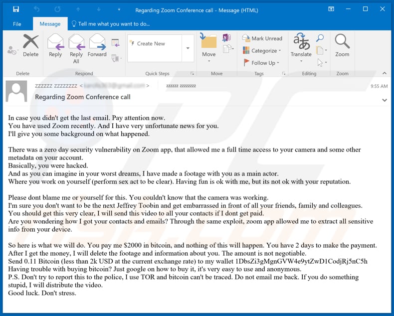 fraude por email You have used Zoom recently - I have very unfortunate news