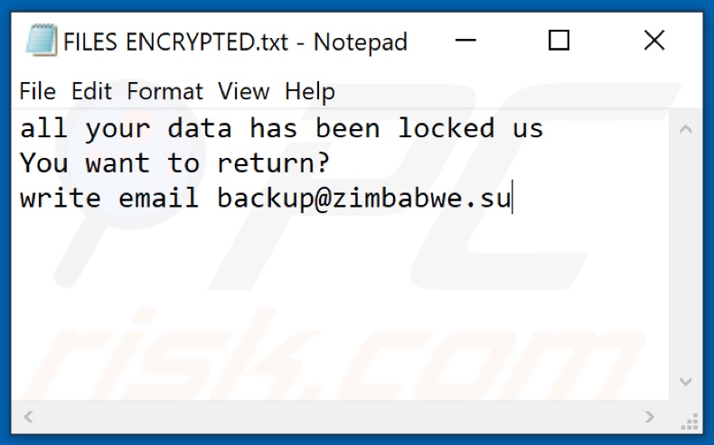 Ficheiro de texto do ransomware Zimba (FILES ENCRYPTED.txt)