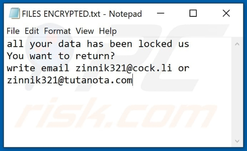 Ficheiro de texto do ransomware ZIN (FILES ENCRYPTED.txt)