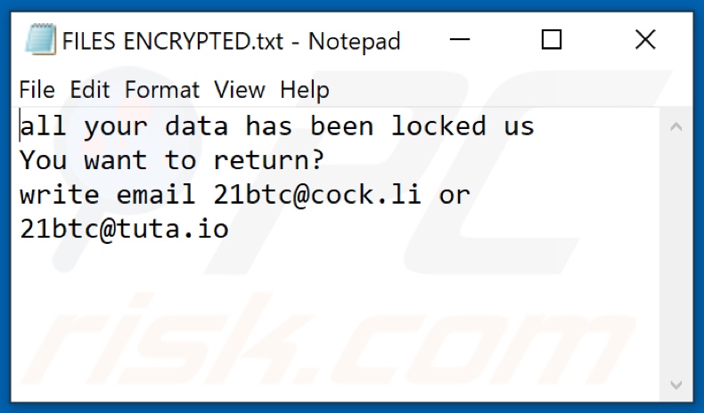Ficheiro de texto do ransomware 21btc (FILES ENCRYPTED.txt)