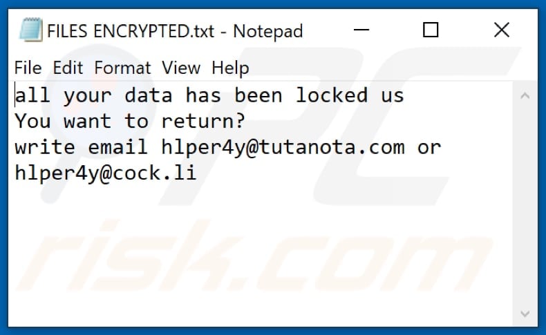 Ficheiro de texto do ransomware 4help (FILES ENCRYPTED.txt)