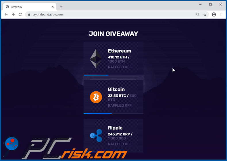Site cryptxfoundation.com a promover fraude BTC giveaway