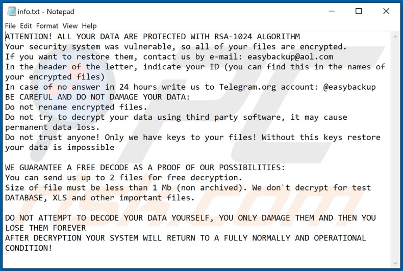 Ficheiro de texto de ransomware Easy (info.txt)