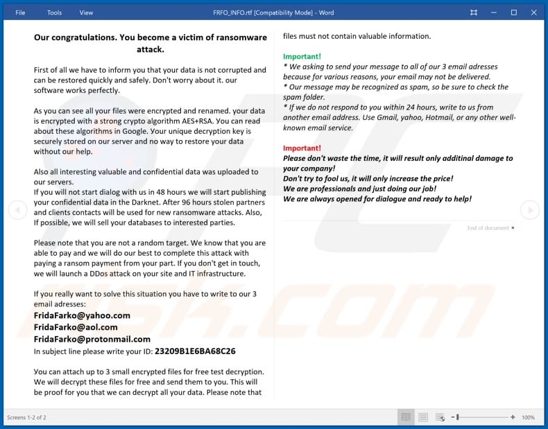 Instruções de desencriptação de FRFO (FRFO_INFO.rtf)