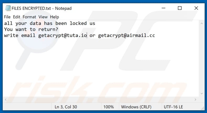 Ficheiro de texto do ransomware Gac (FILES ENCRYPTED.txt)