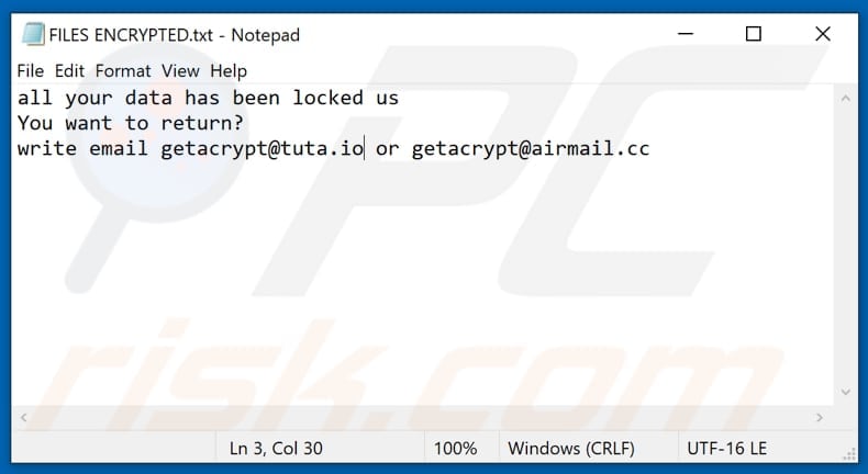 Ficheiro de texto do ransomware Gac (FILES ENCRYPTED.txt)