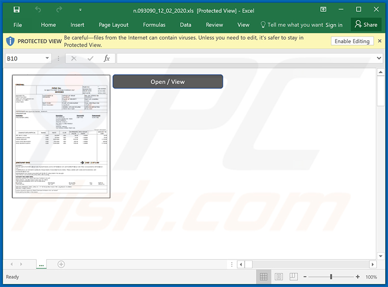 Documento malicioso MS Excel utilizado para injectar malware Dridex no sistema