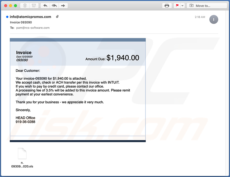 Email não solicitado (spam) com tema Invoice a distribuir malware Dridex