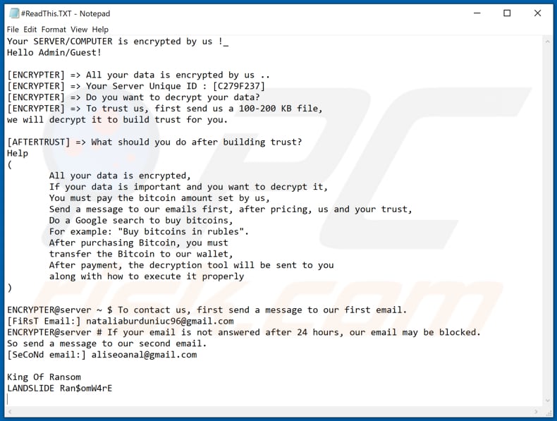 Ficheiro de texto do ransomware LANDSLIDE (# ReadThis.TXT)