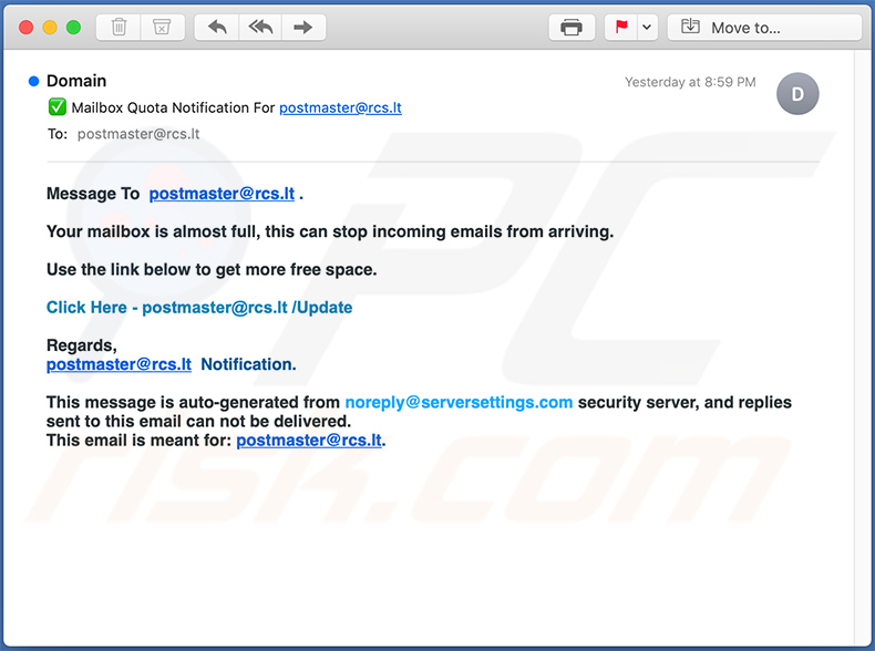 E-mail de spam com tema de Mail Quota usado para promover um site de phishing (2020-12-08)
