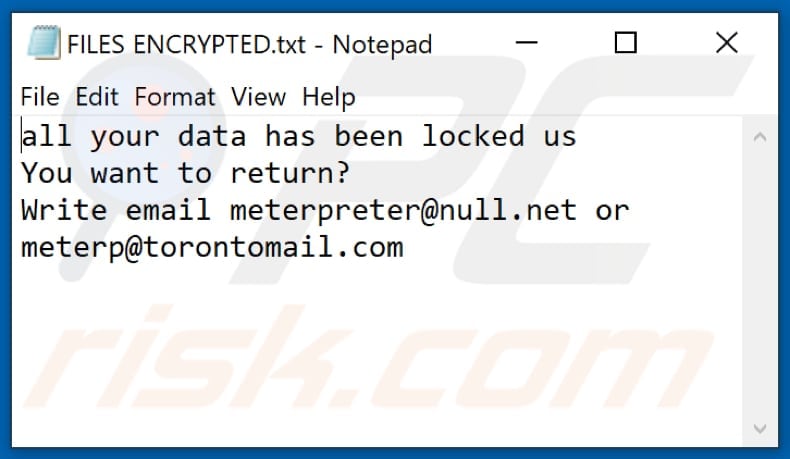 Ficheiro de texto do ransomware Mpr (FILES ENCRYPTED.txt)
