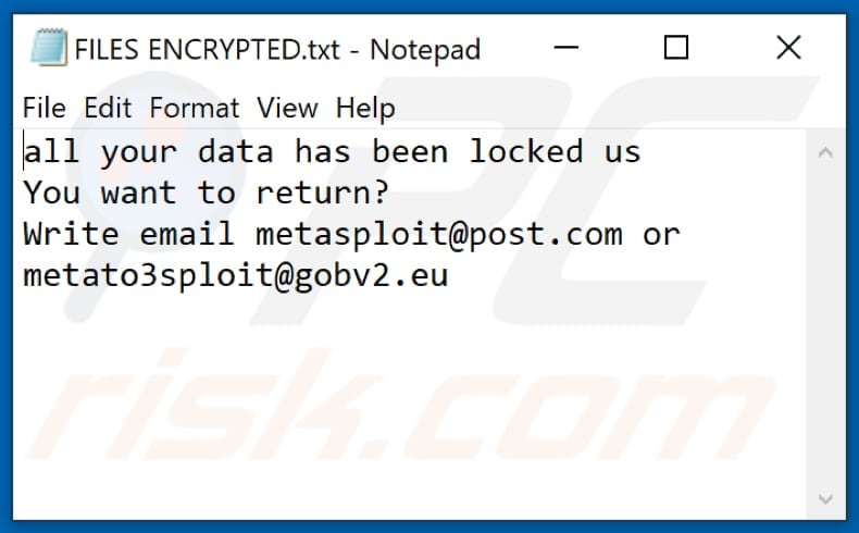 Ficheiro de texto do ransomware Msf (FILES ENCRYPTED.txt)