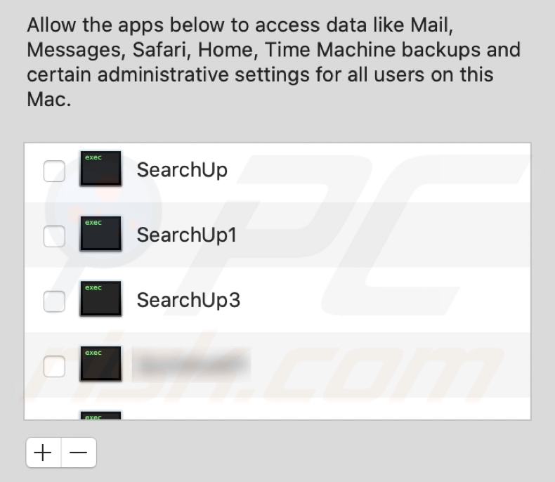 Adware SearchUp a pedir permissão para acesso total ao disco