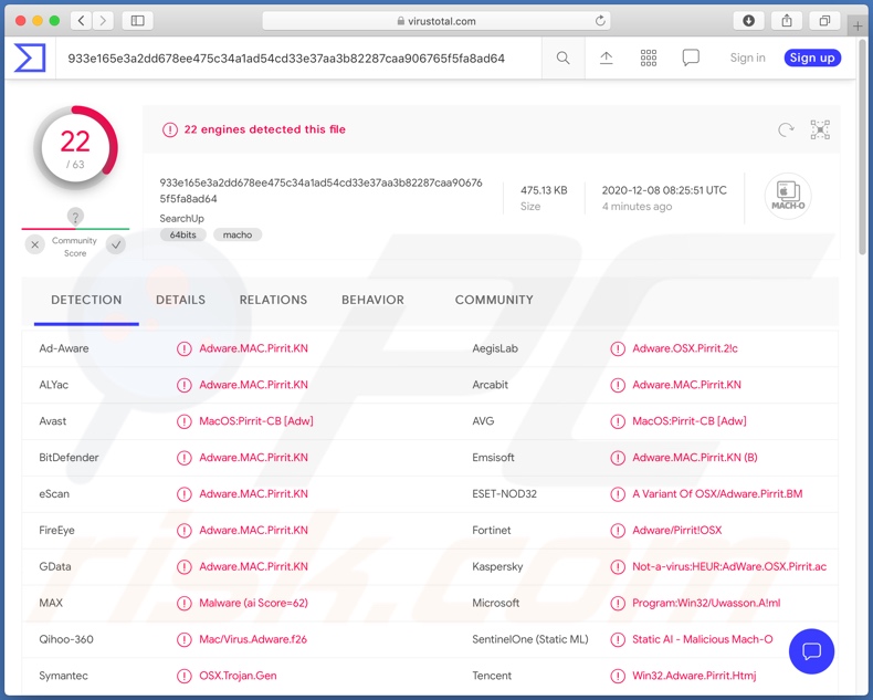 Detecções do adware SearchUp no VirusTotal