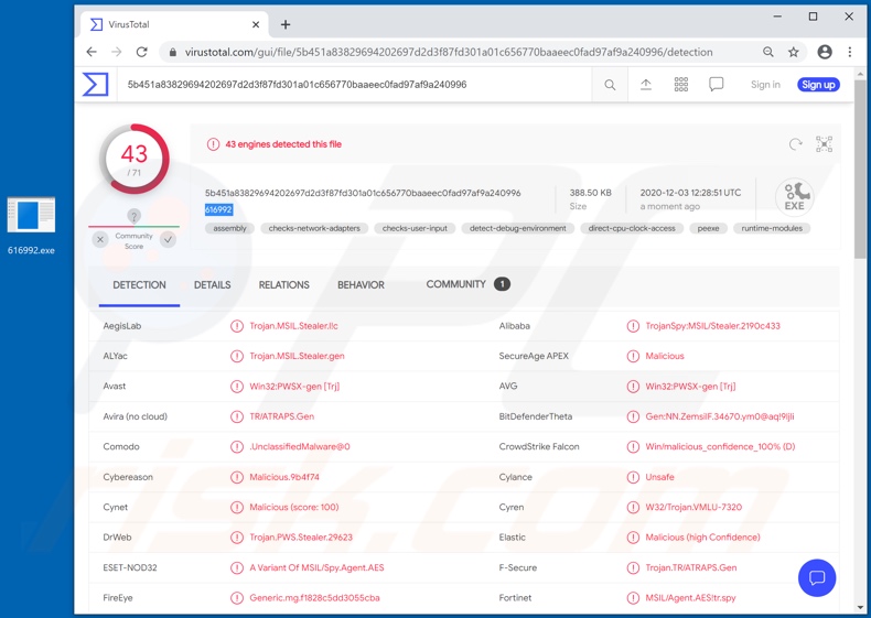 Detecções do malware Snake no VirusTotal