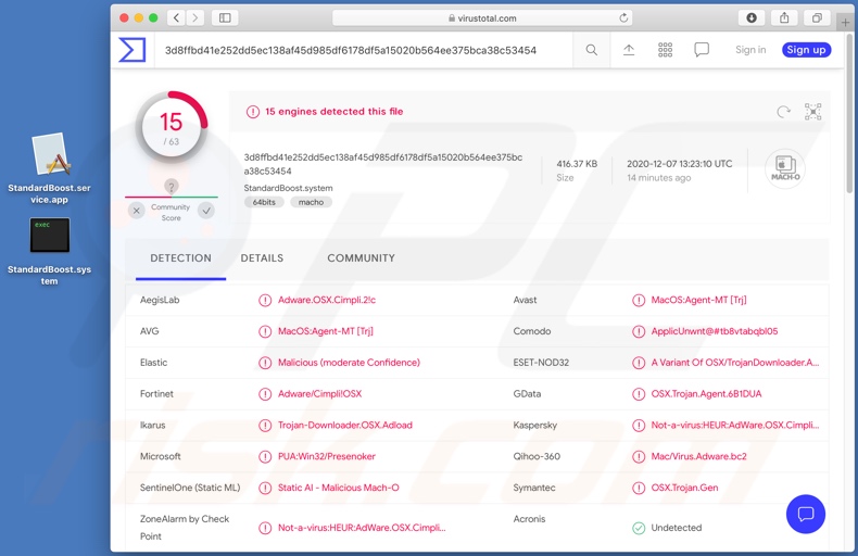 Detecções de adware StandardBoost no VirusTotal