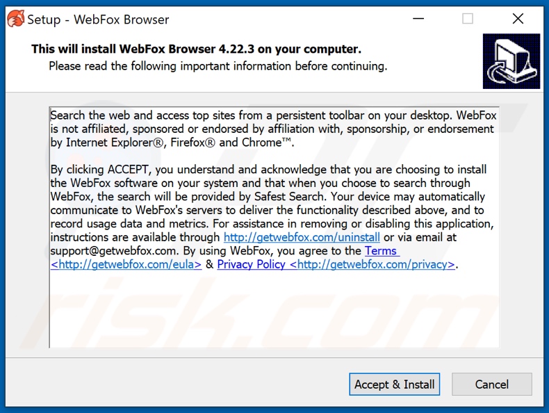 Instalador de navegador fraudulento do WebFox
