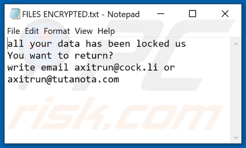 Ficheiro de texto do ransomware 14x (FILES ENCRYPTED.txt)