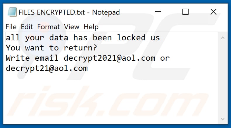 ficheiro de texto do ransomware 2021 (FILES ENCRYPTED.txt)