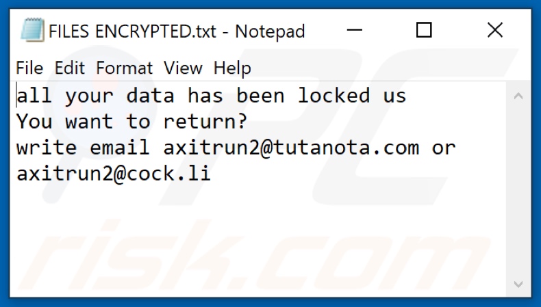Ficheiro de texto do ransomware AXI (FILES ENCRYPTED.txt)