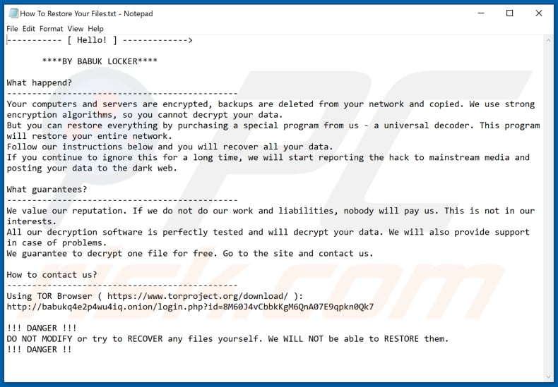 Instruções de desencriptação do Babuk Locker (How To Restore Your Files.txt)